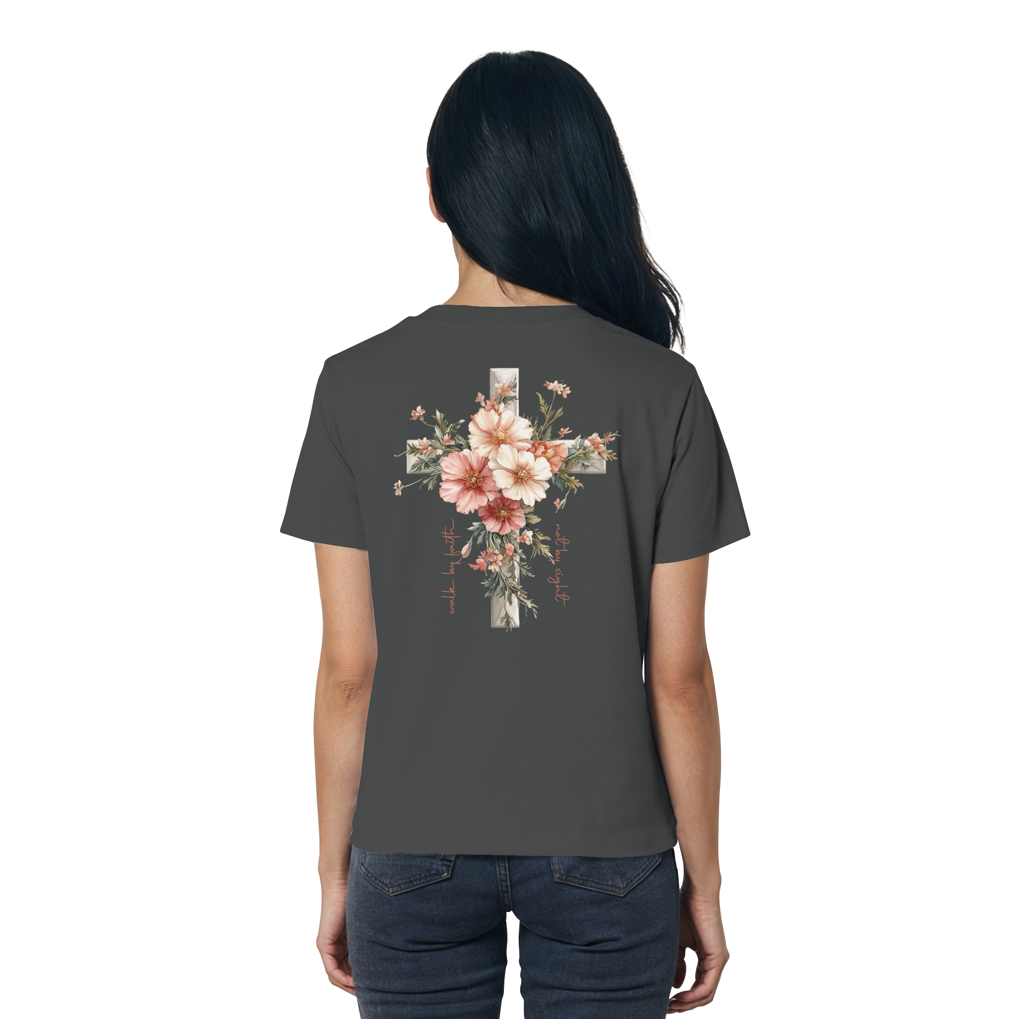 JESUS IS THE LIGHT CROSS FLOWERS - Frauen T-Shirt Bio Baumwolle