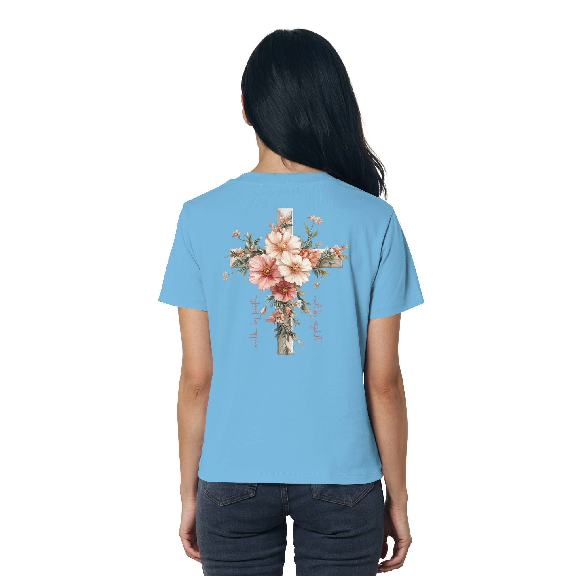 JESUS IS THE LIGHT CROSS FLOWERS - Frauen T-Shirt Bio Baumwolle