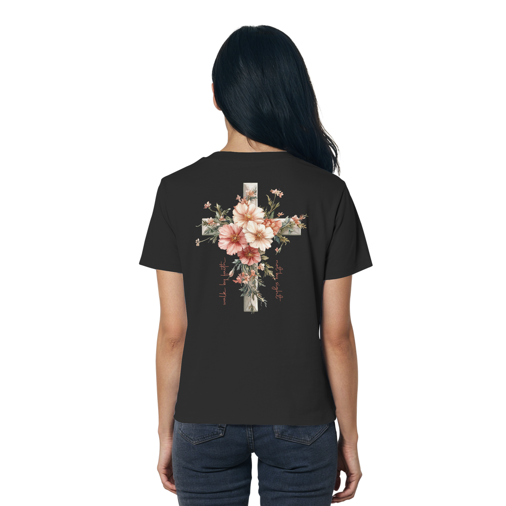 JESUS IS THE LIGHT CROSS FLOWERS - Frauen T-Shirt Bio Baumwolle