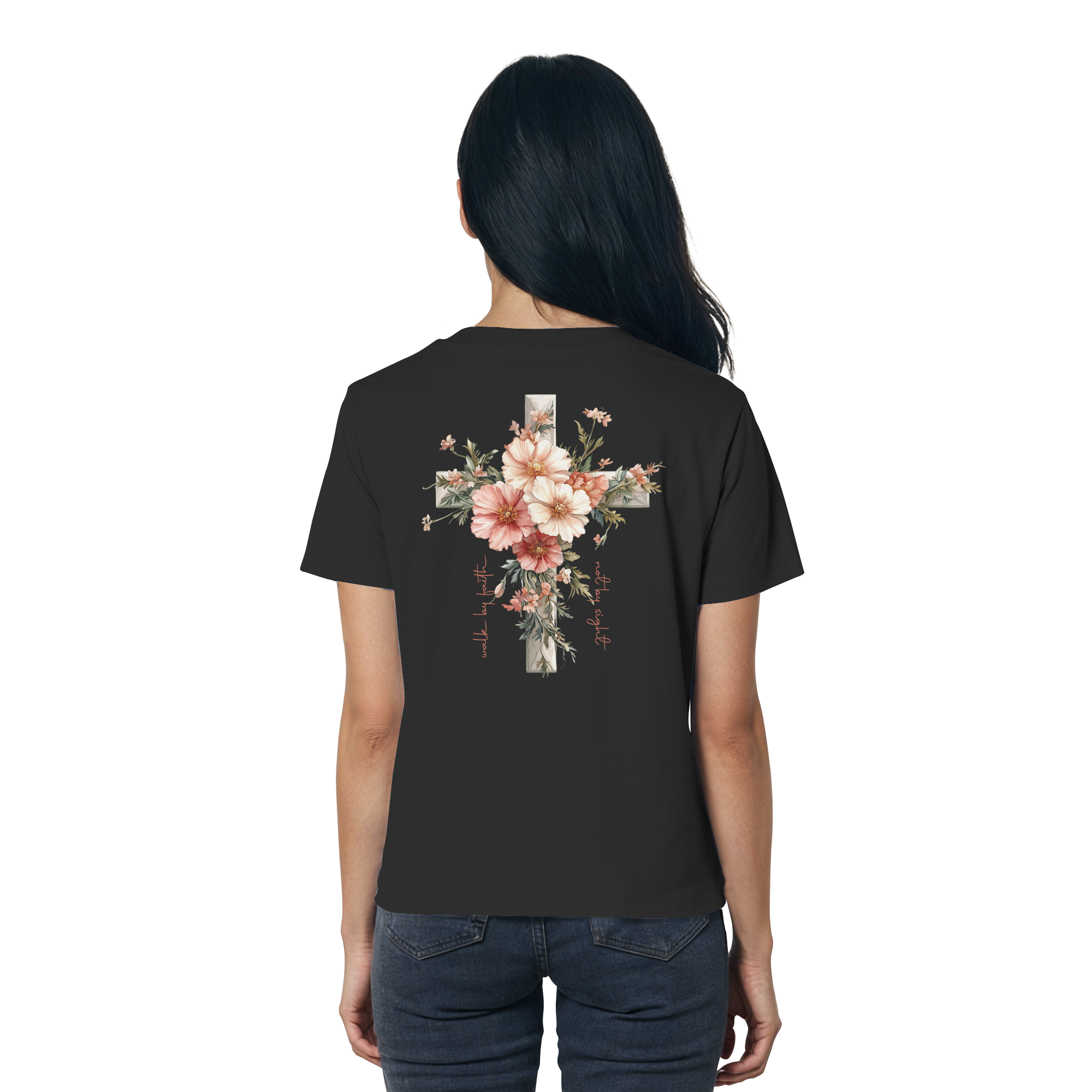 JESUS IS THE LIGHT CROSS FLOWERS - Frauen T-Shirt Bio Baumwolle