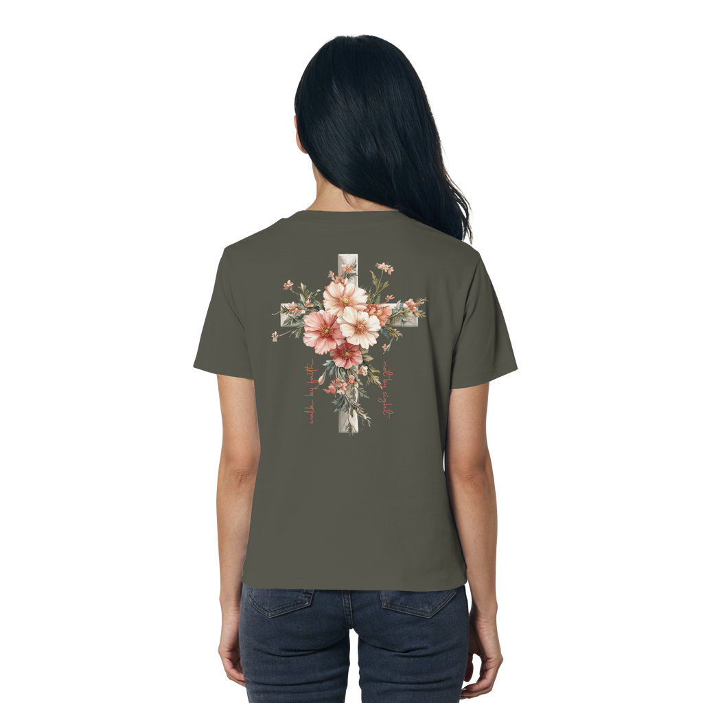 JESUS IS THE LIGHT CROSS FLOWERS - Frauen T-Shirt Bio Baumwolle