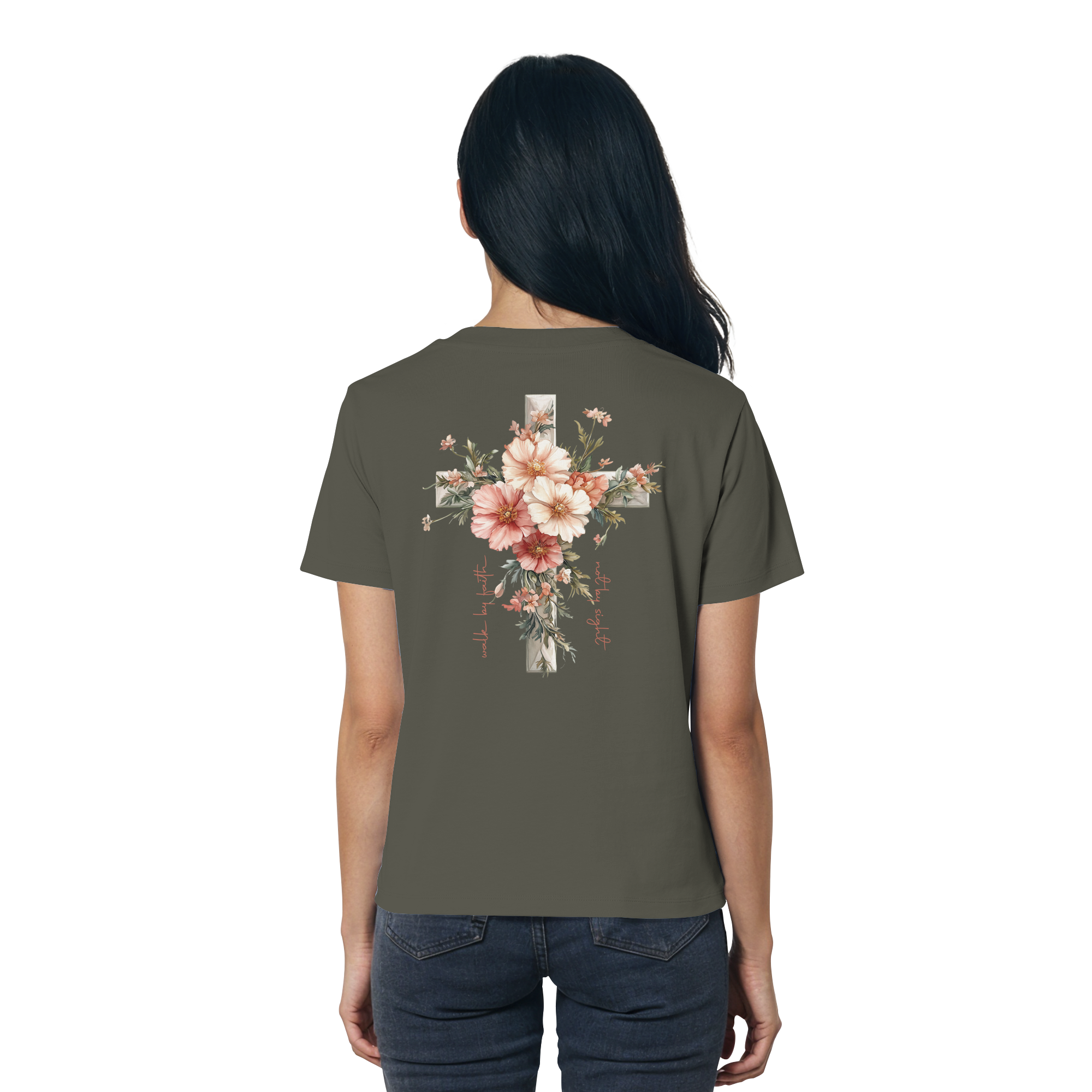 JESUS IS THE LIGHT CROSS FLOWERS - Frauen T-Shirt Bio Baumwolle
