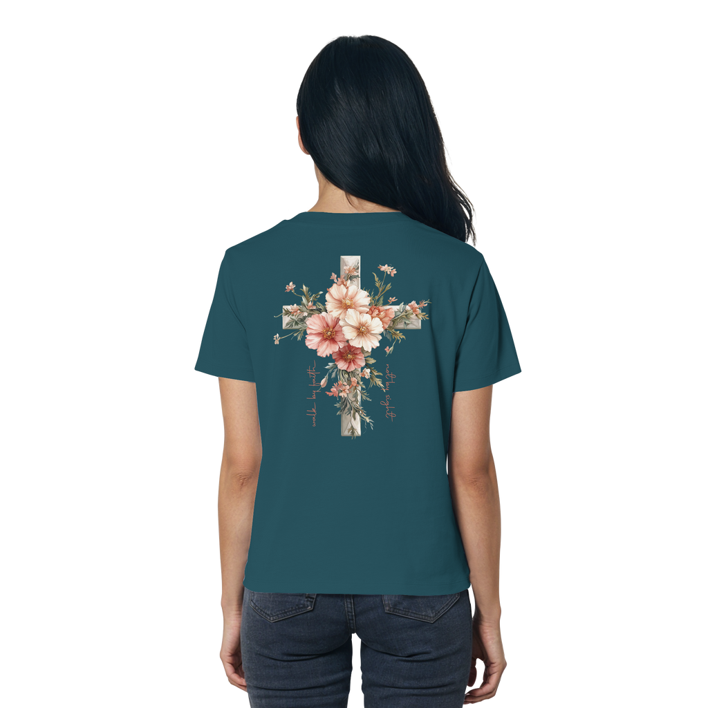 JESUS IS THE LIGHT CROSS FLOWERS - Frauen T-Shirt Bio Baumwolle