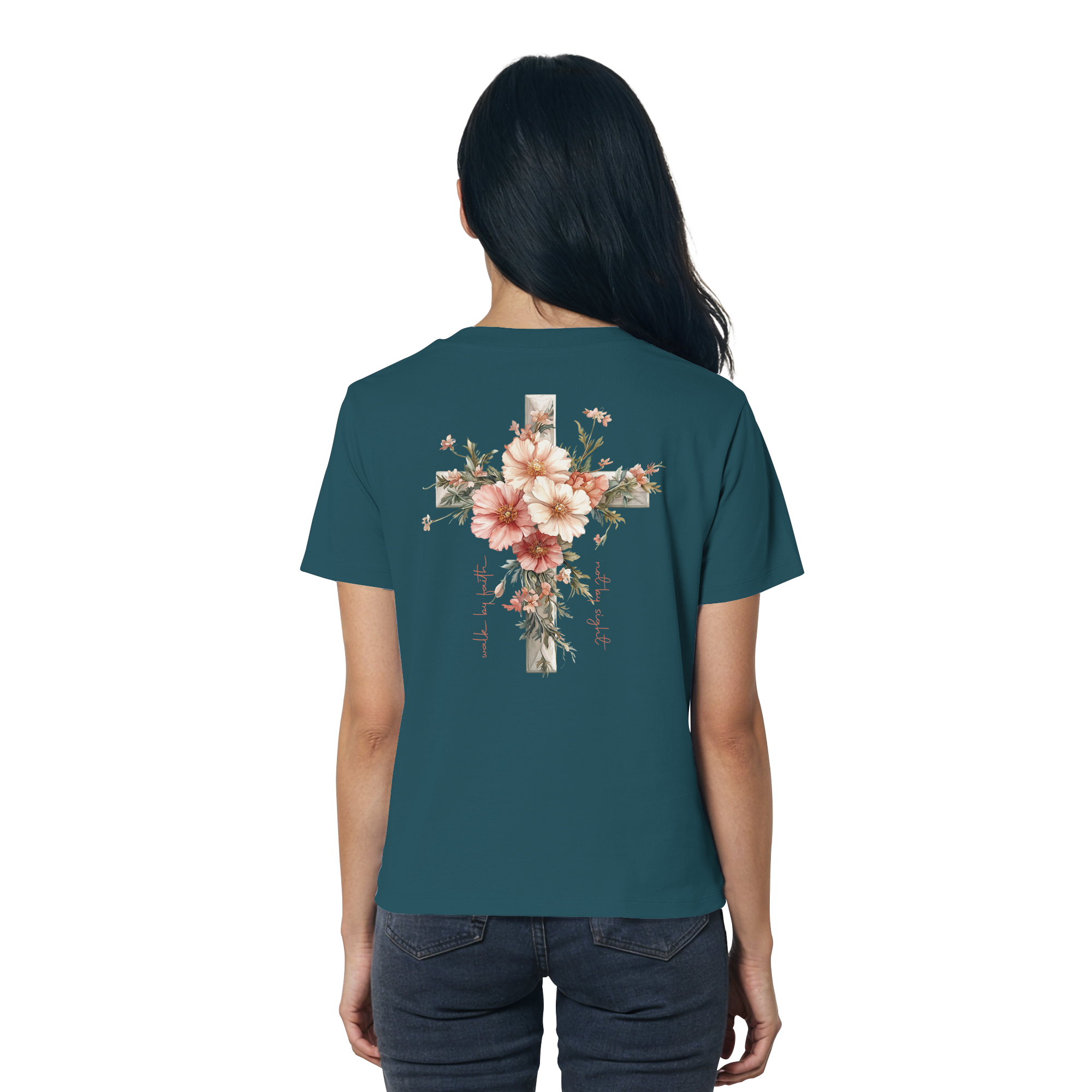 JESUS IS THE LIGHT CROSS FLOWERS - Frauen T-Shirt Bio Baumwolle