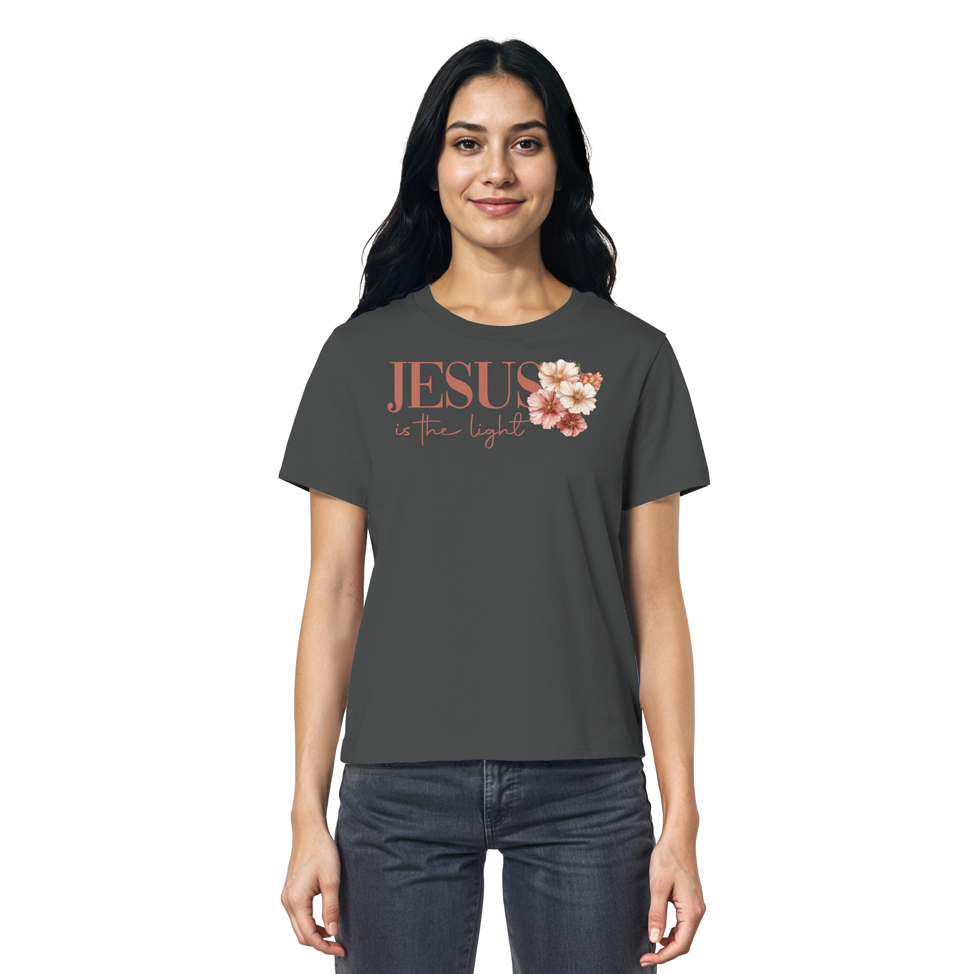 JESUS IS THE LIGHT CROSS FLOWERS - Frauen T-Shirt Bio Baumwolle