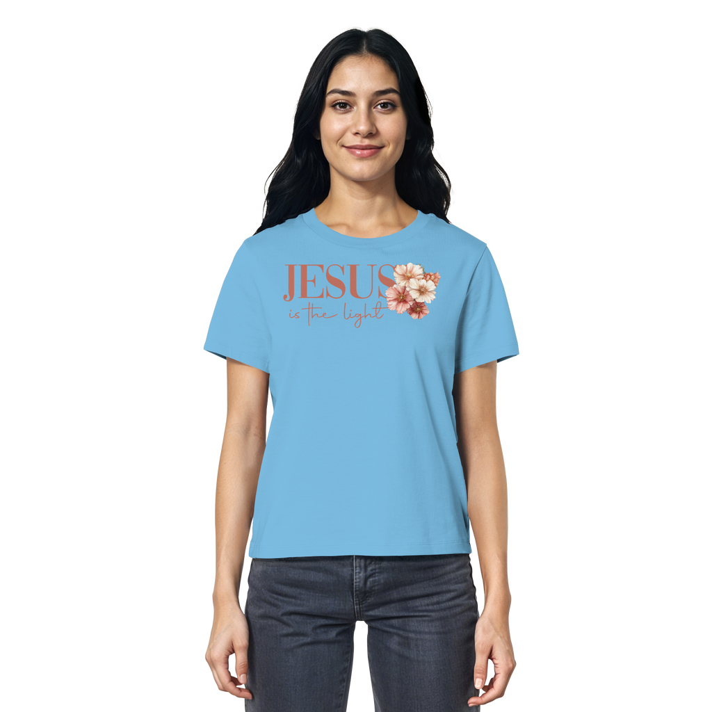 JESUS IS THE LIGHT CROSS FLOWERS - Frauen T-Shirt Bio Baumwolle