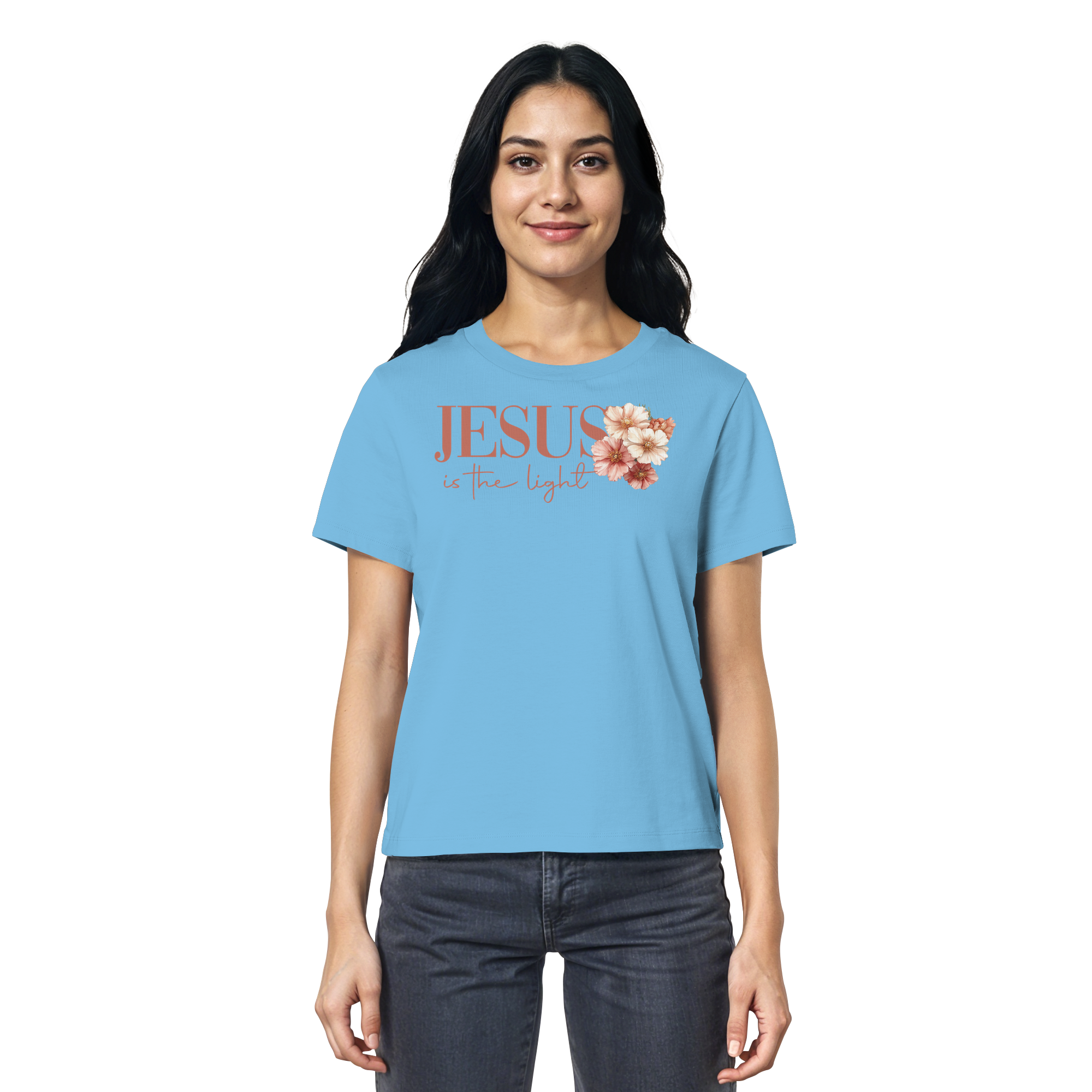 JESUS IS THE LIGHT CROSS FLOWERS - Frauen T-Shirt Bio Baumwolle
