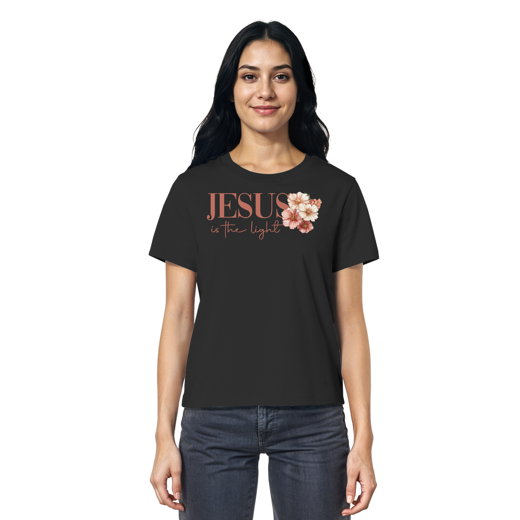 JESUS IS THE LIGHT CROSS FLOWERS - Frauen T-Shirt Bio Baumwolle