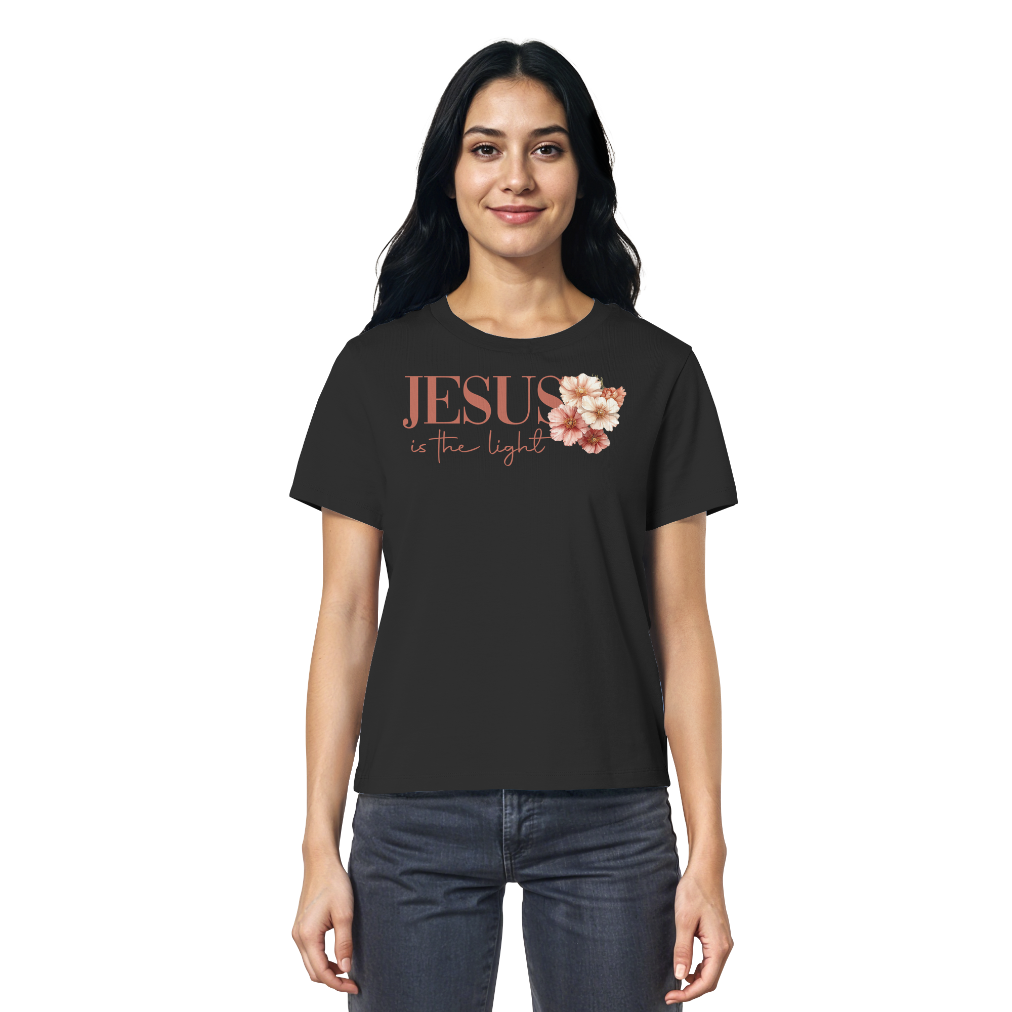 JESUS IS THE LIGHT CROSS FLOWERS - Frauen T-Shirt Bio Baumwolle