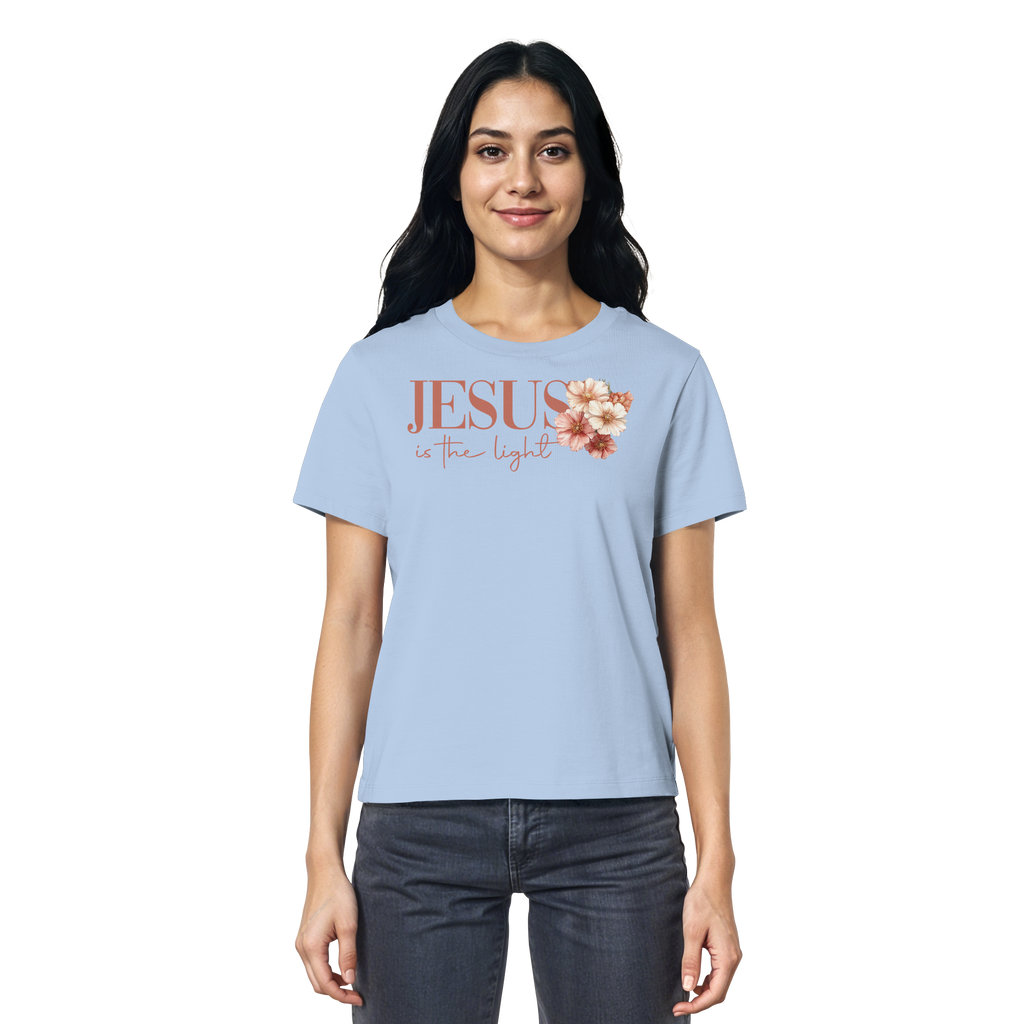 JESUS IS THE LIGHT CROSS FLOWERS - Frauen T-Shirt Bio Baumwolle