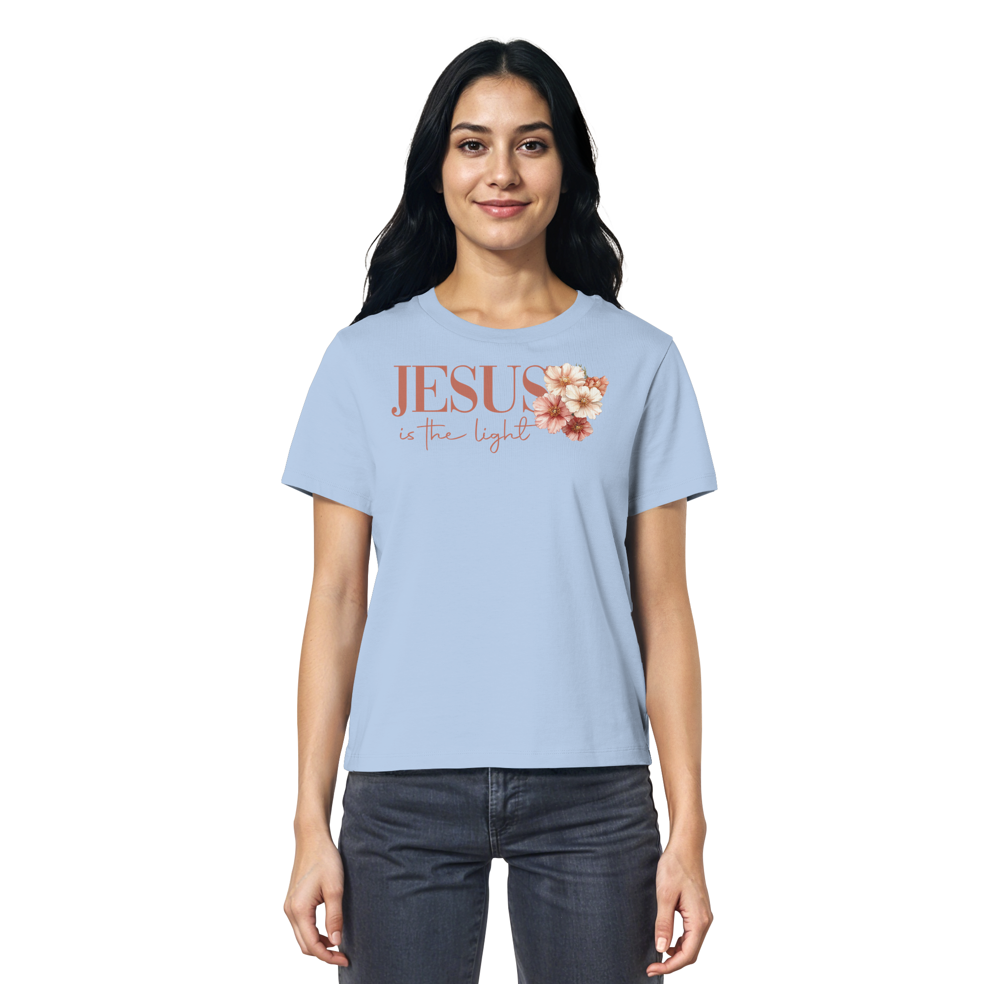 JESUS IS THE LIGHT CROSS FLOWERS - Frauen T-Shirt Bio Baumwolle
