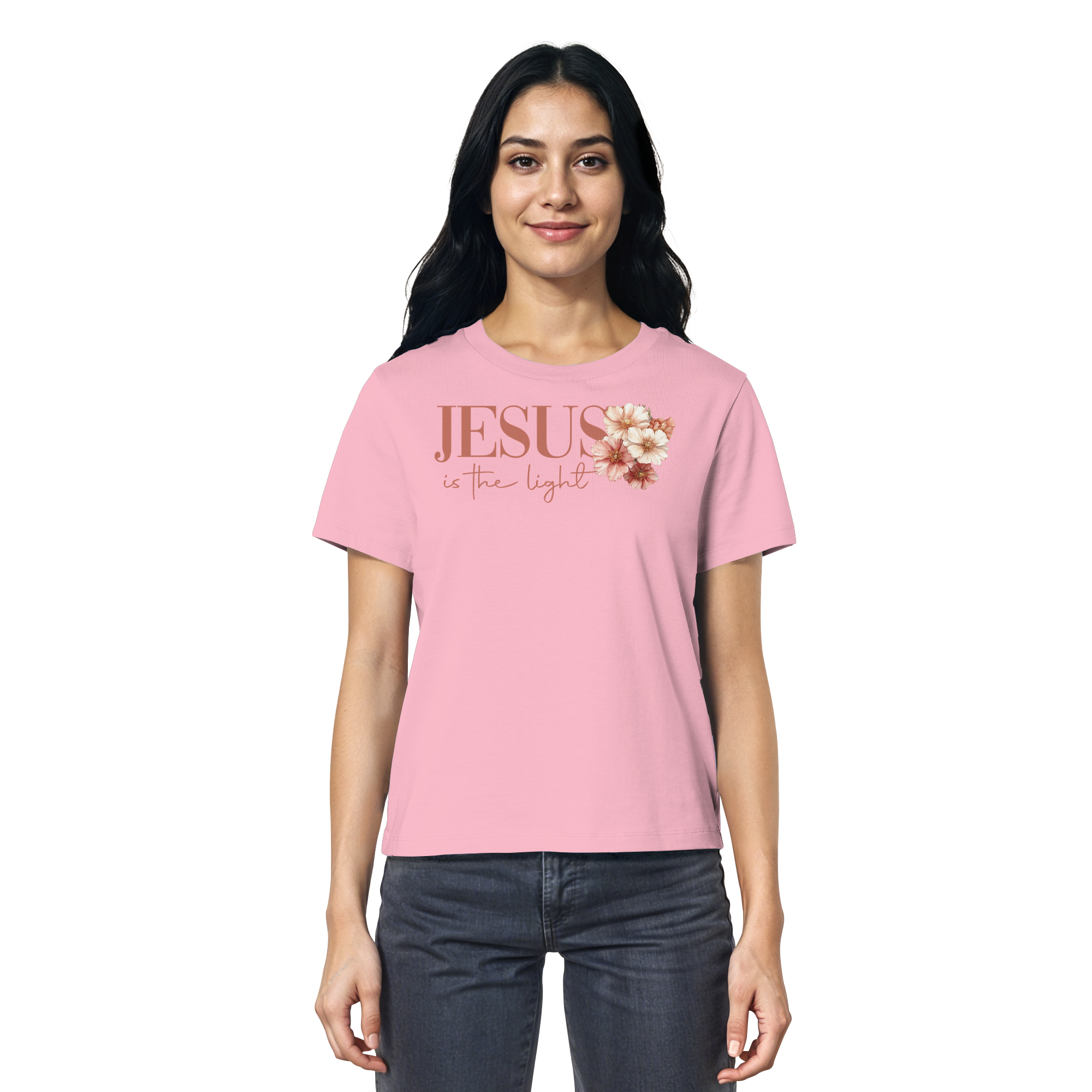JESUS IS THE LIGHT CROSS FLOWERS - Frauen T-Shirt Bio Baumwolle