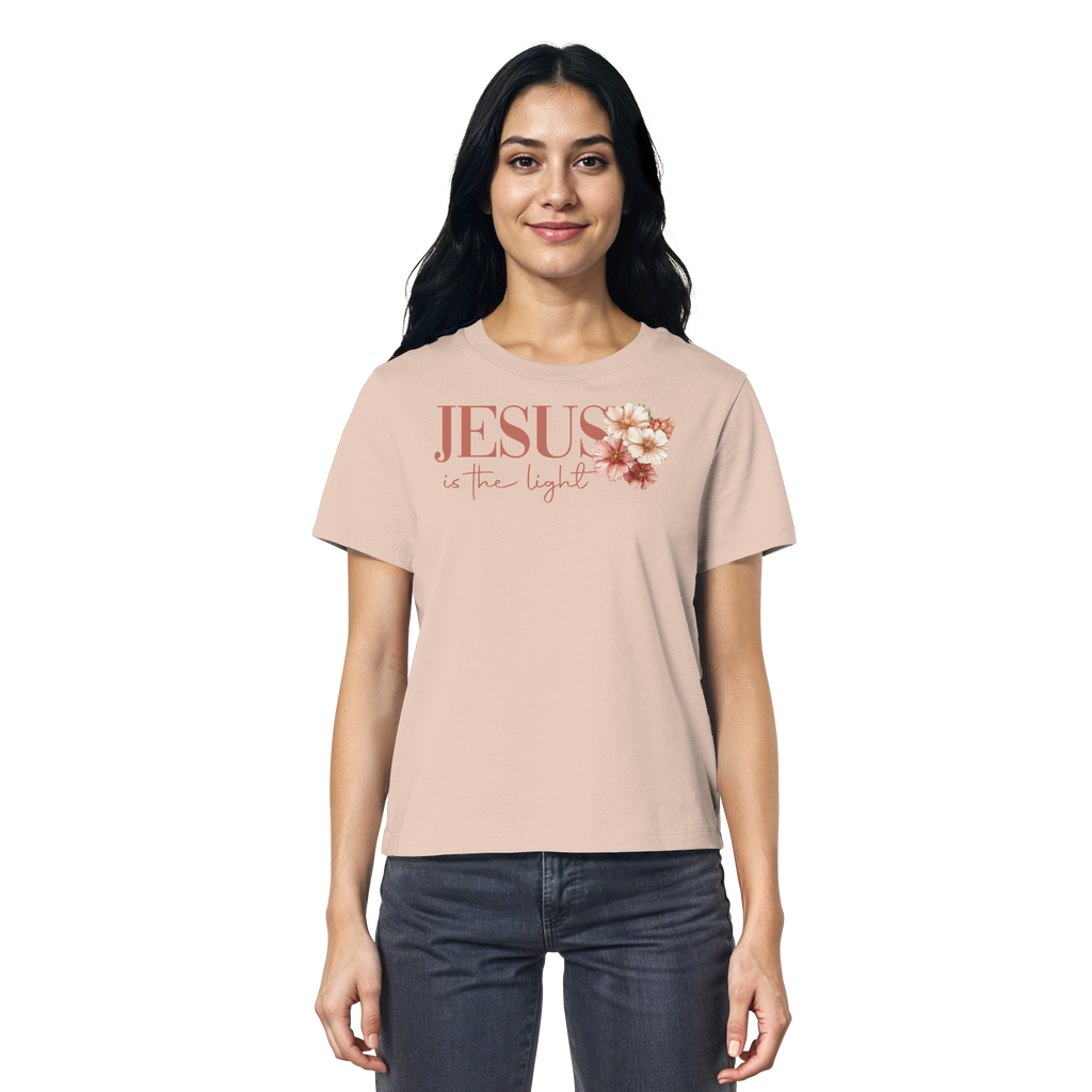 JESUS IS THE LIGHT CROSS FLOWERS - Frauen T-Shirt Bio Baumwolle