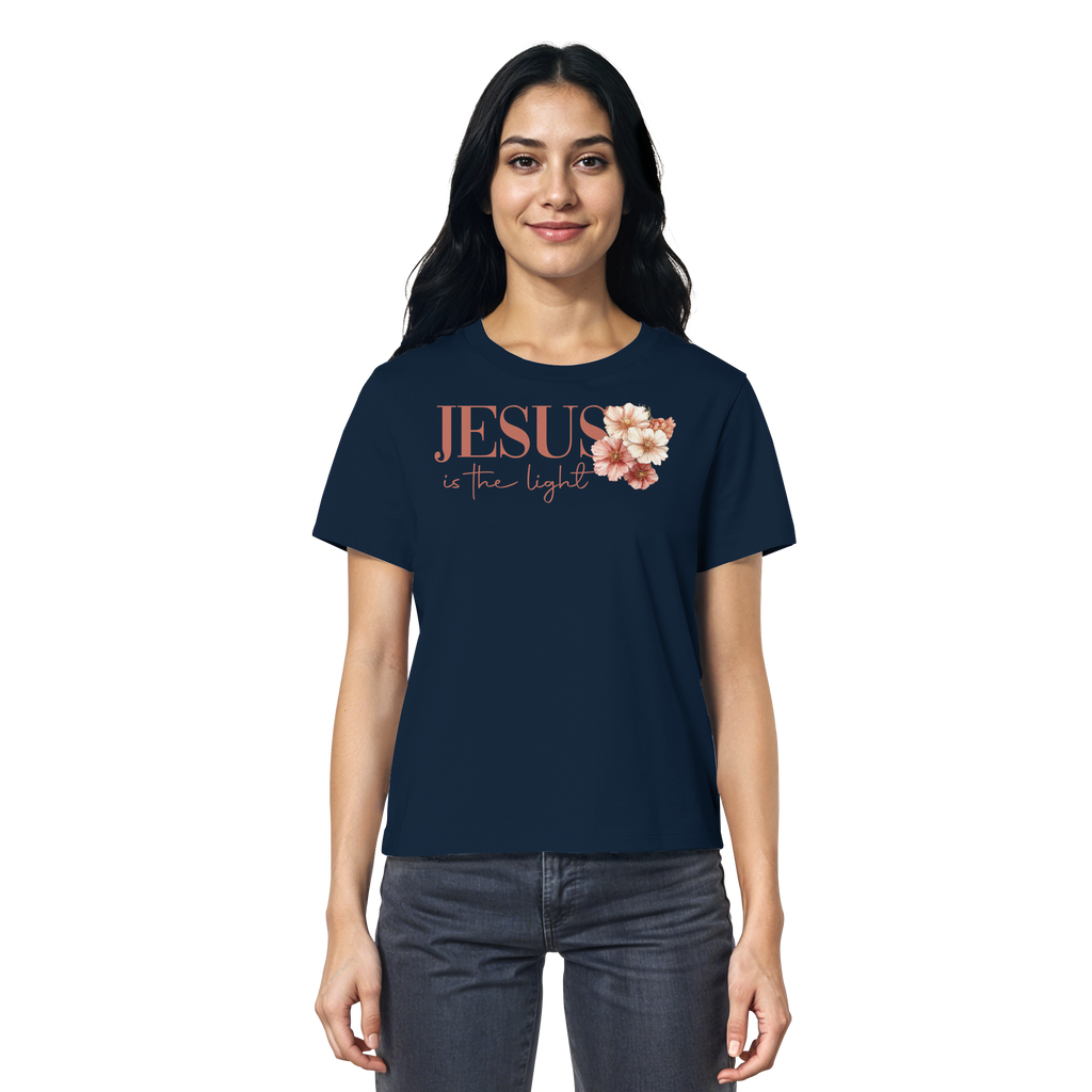 JESUS IS THE LIGHT CROSS FLOWERS - Frauen T-Shirt Bio Baumwolle