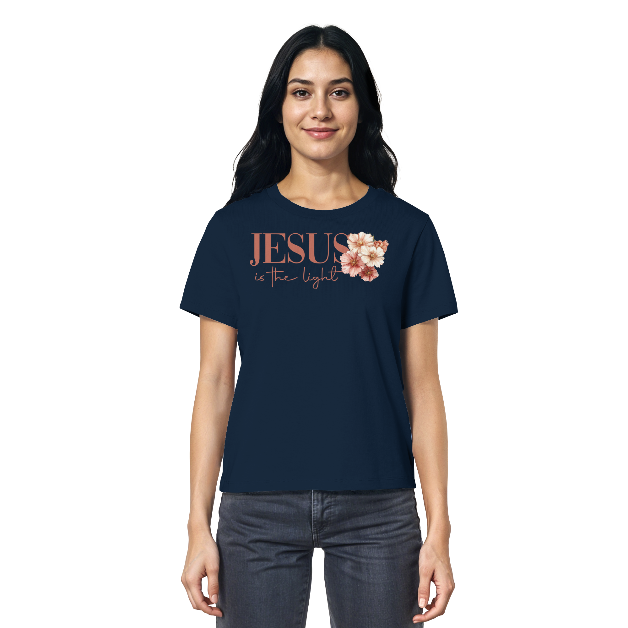 JESUS IS THE LIGHT CROSS FLOWERS - Frauen T-Shirt Bio Baumwolle