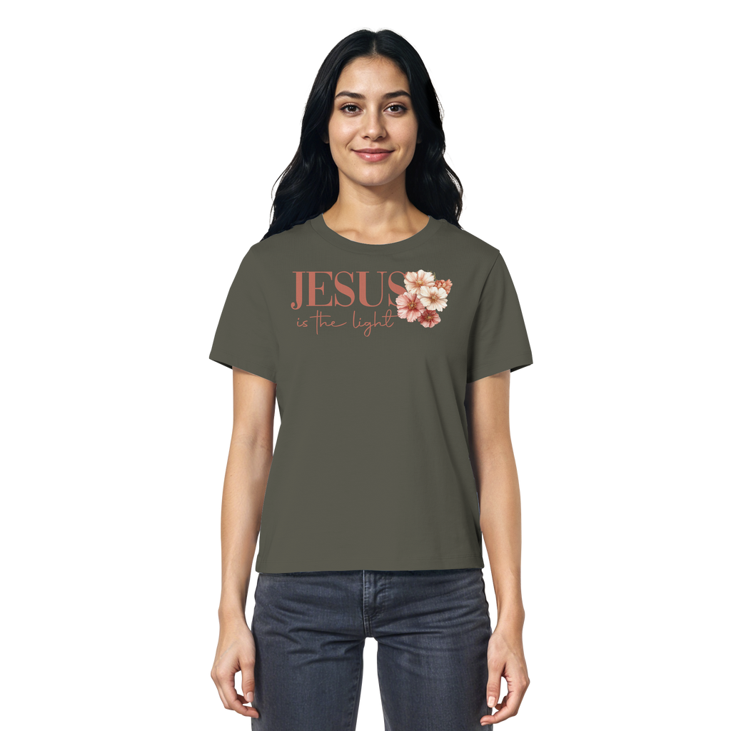 JESUS IS THE LIGHT CROSS FLOWERS - Frauen T-Shirt Bio Baumwolle