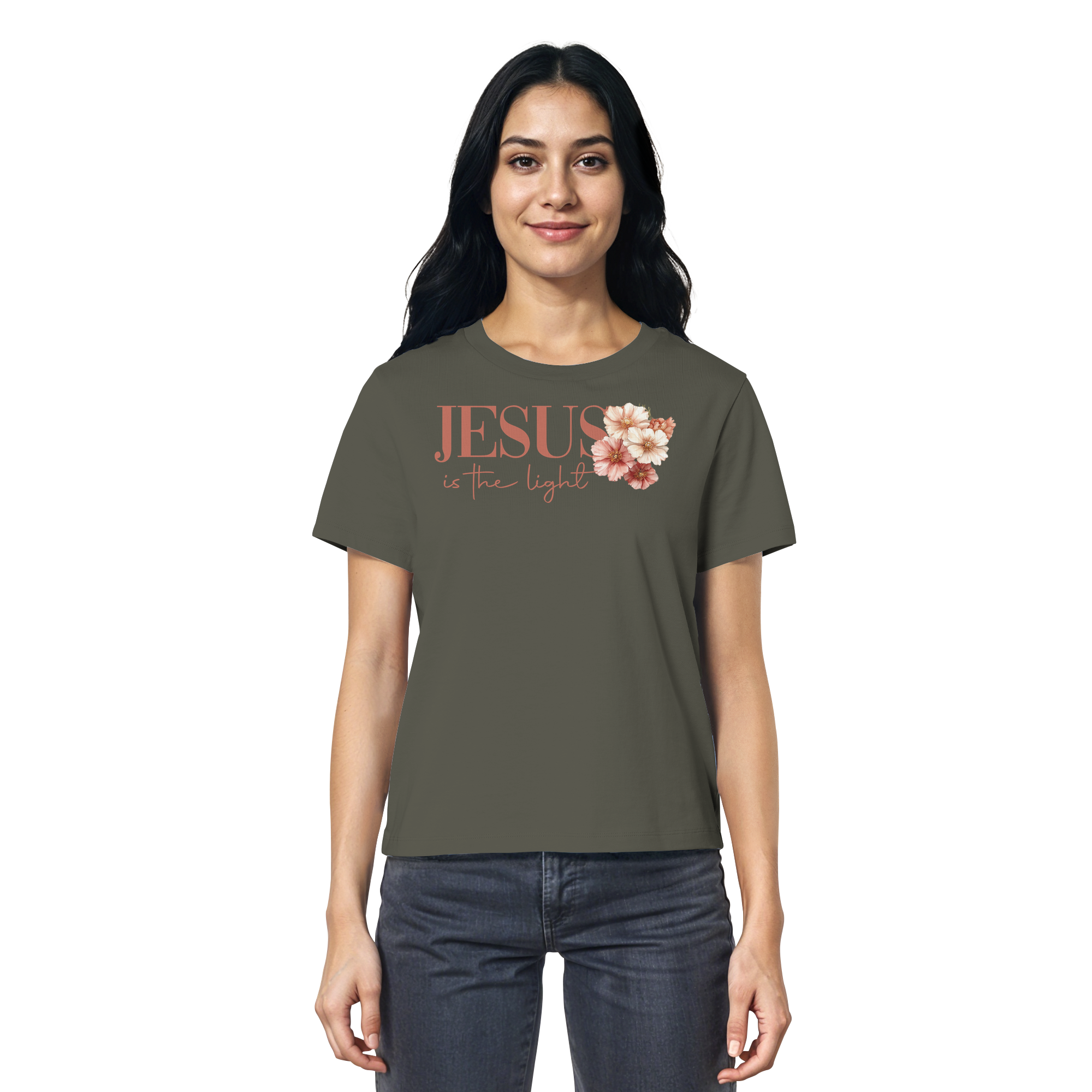 JESUS IS THE LIGHT CROSS FLOWERS - Frauen T-Shirt Bio Baumwolle