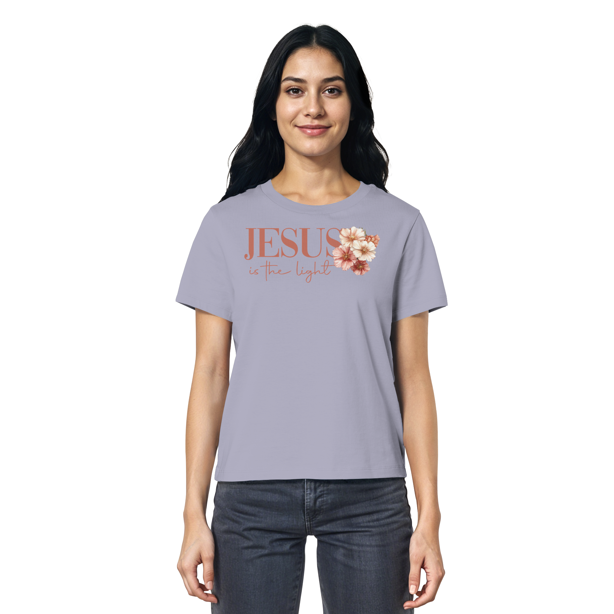 JESUS IS THE LIGHT CROSS FLOWERS - Frauen T-Shirt Bio Baumwolle