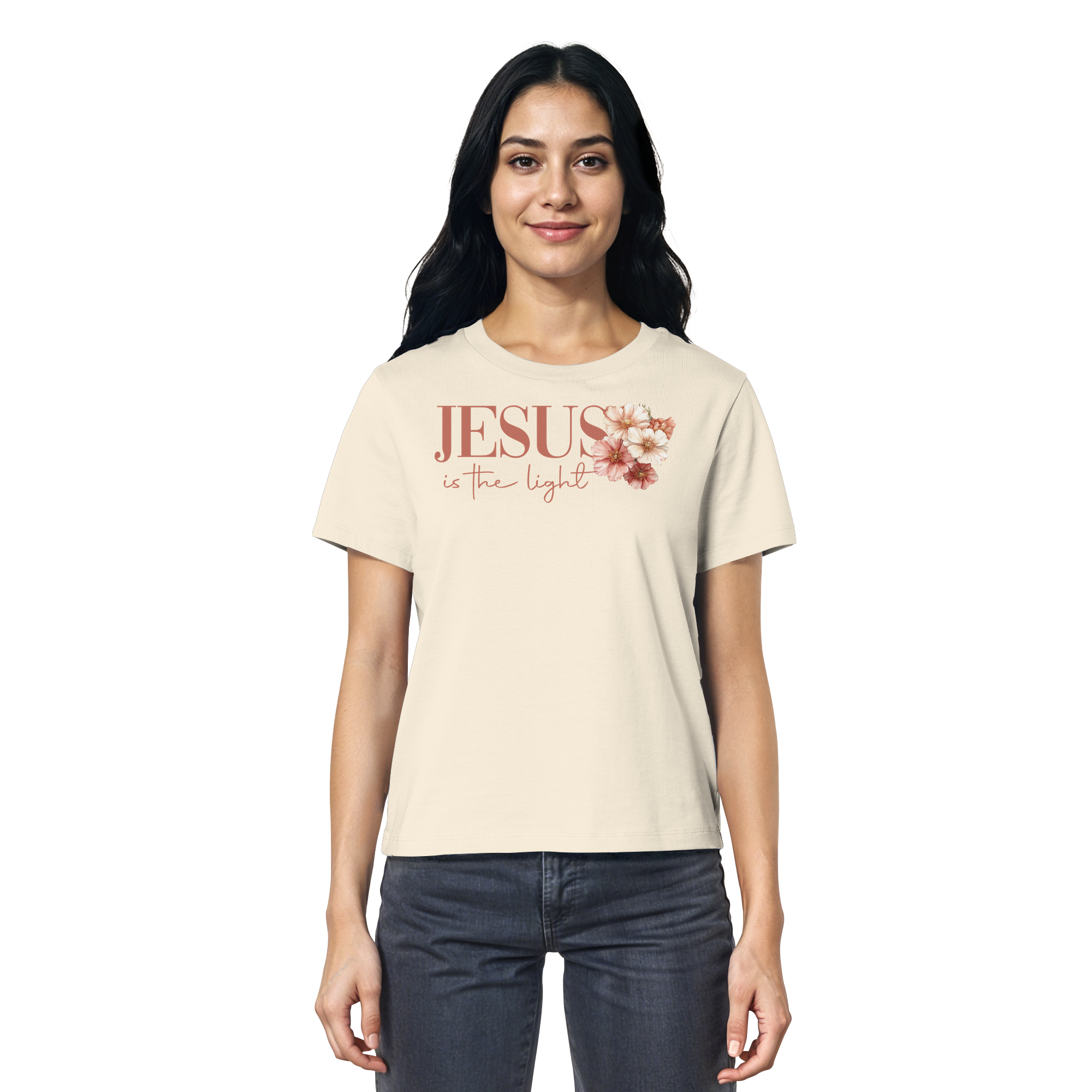 JESUS IS THE LIGHT CROSS FLOWERS - Frauen T-Shirt Bio Baumwolle