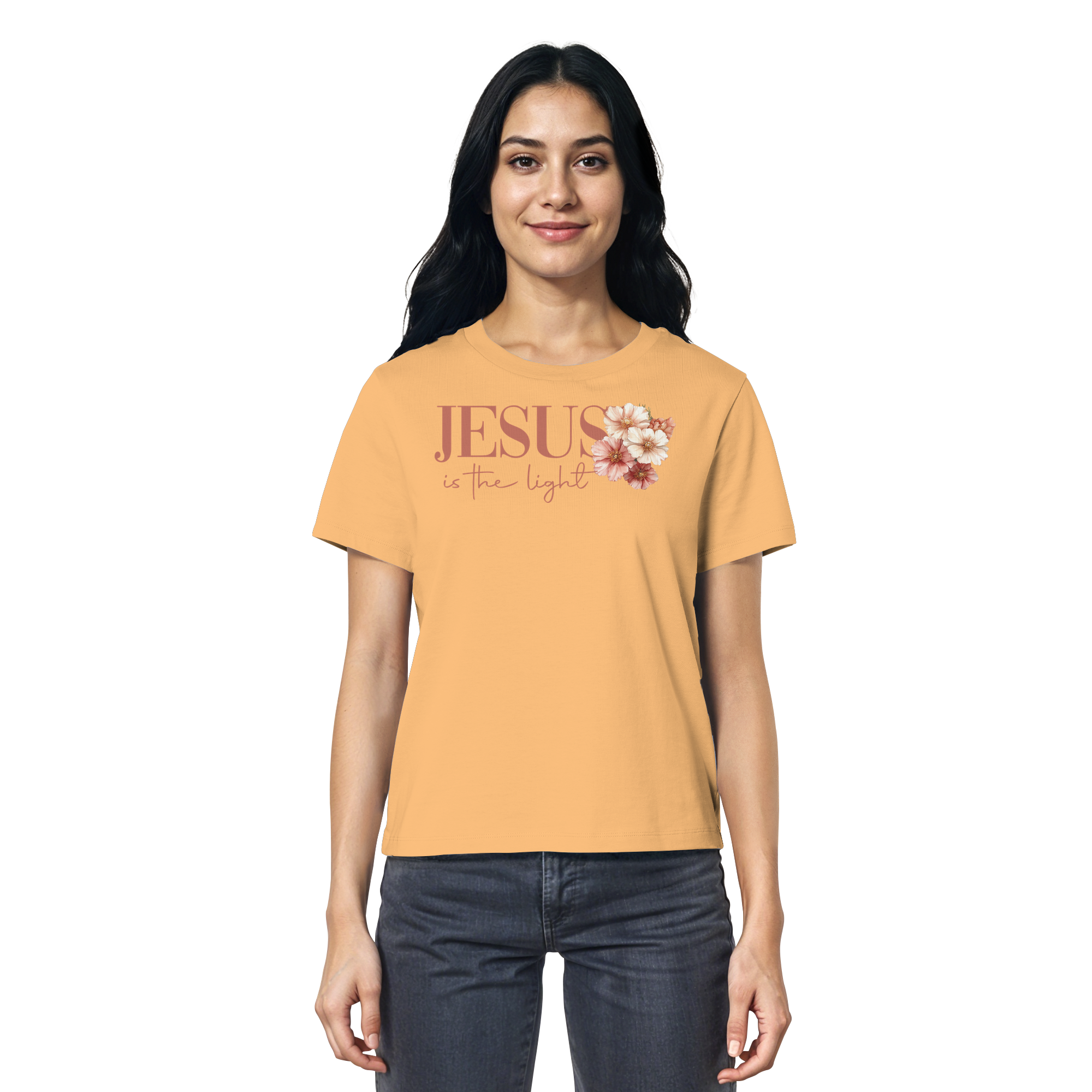 JESUS IS THE LIGHT CROSS FLOWERS - Frauen T-Shirt Bio Baumwolle