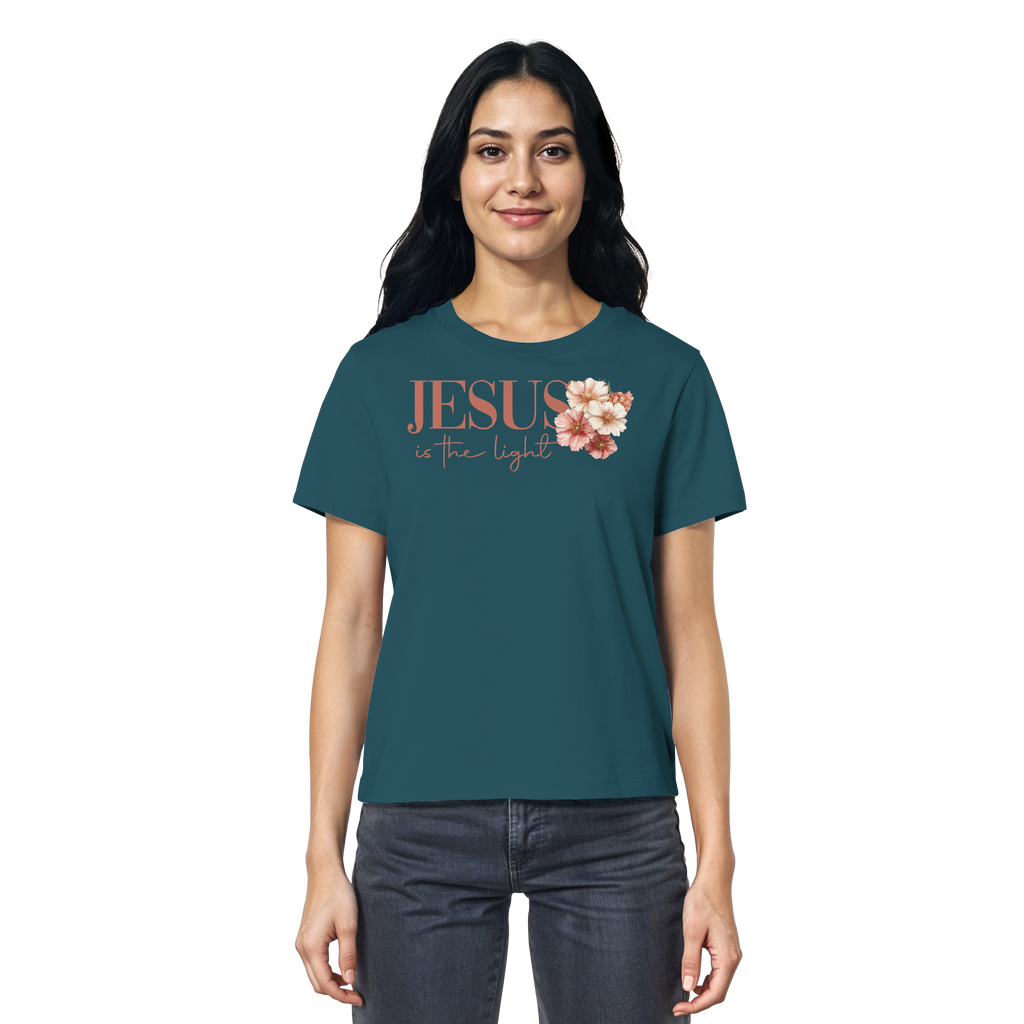 JESUS IS THE LIGHT CROSS FLOWERS - Frauen T-Shirt Bio Baumwolle