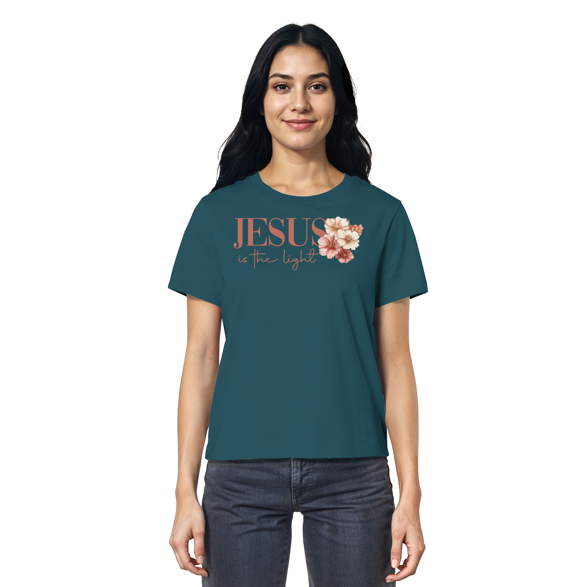 JESUS IS THE LIGHT CROSS FLOWERS - Frauen T-Shirt Bio Baumwolle