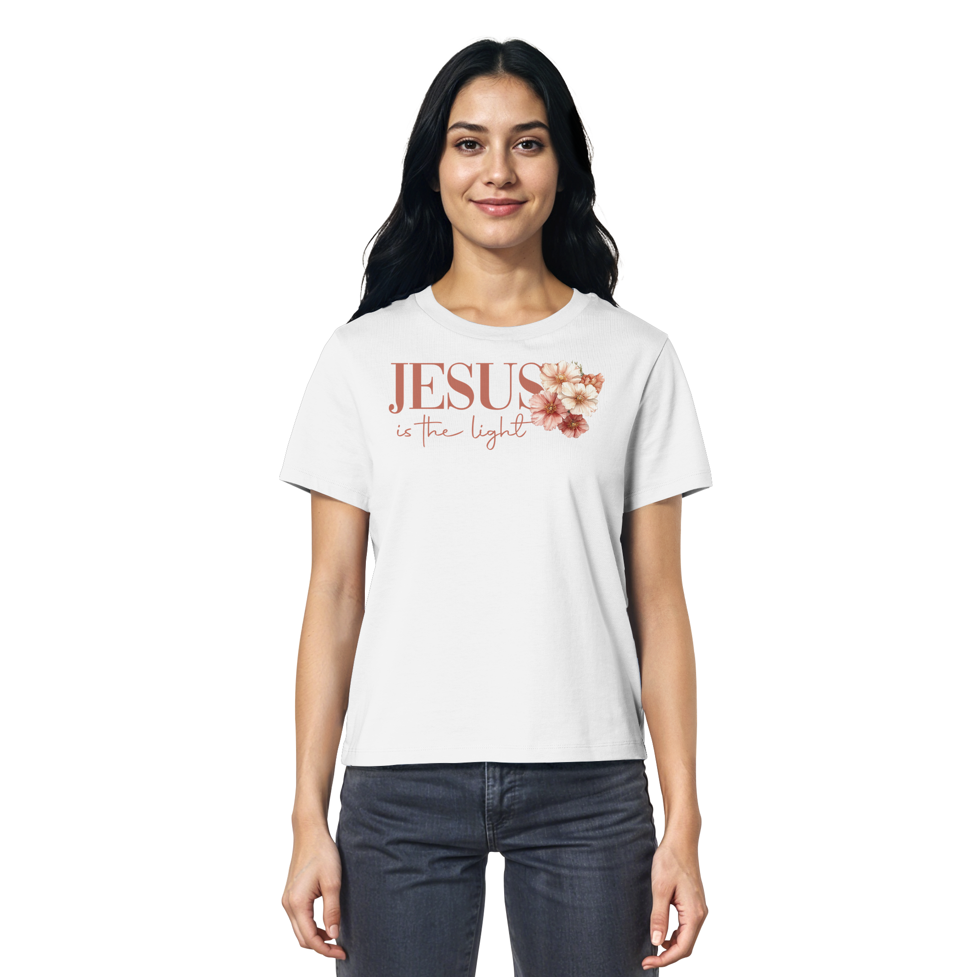 JESUS IS THE LIGHT CROSS FLOWERS - Frauen T-Shirt Bio Baumwolle